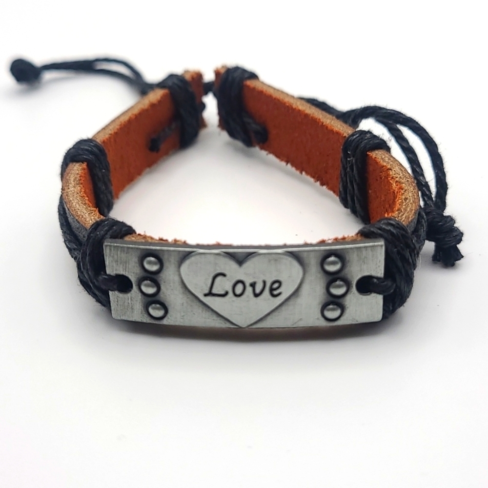 "Love" Centered Heart Charm Leather Bracelet – Adjustable Slip Tie (NWOT)